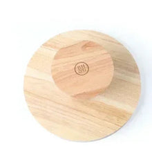 Round rubber wood cake stand with engraved logo on top, natural wood