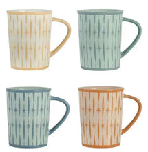 Set of 4 porcelain mugs with retro star pattern in tan, light blue, slate, peach.