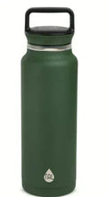 Green stainless steel water bottle with black flip-top lid, front TAL logo