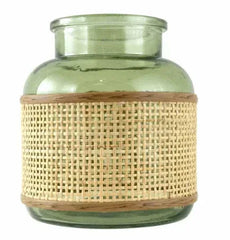 6" Green r Translucent Glass Indoor Tabletop Vase with Natural Rattan Caning Wrap
