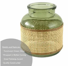 Green glass vase with natural rattan caning wrap and wide round opening