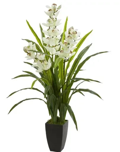 Nearly Natural 45" Plastic and Polyester Cymbidium Orchid Artificial Plant, White