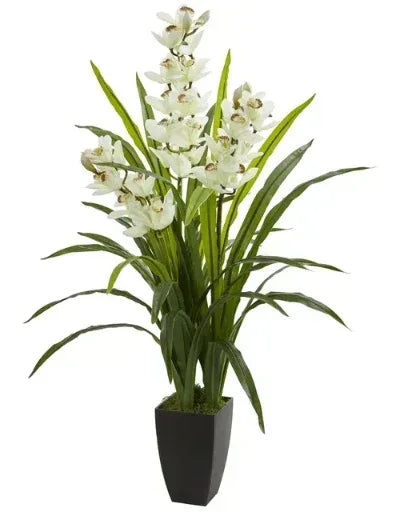 Nearly Natural 45" Plastic and Polyester Cymbidium Orchid Artificial Plant, White
