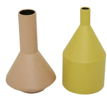 Metal vase set of 2: beige and yellow flared cylinder shapes