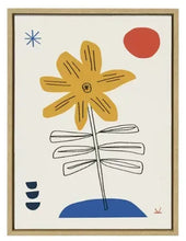 Framed abstract floral canvas with yellow flower, blue stem, red circle and minimal icons