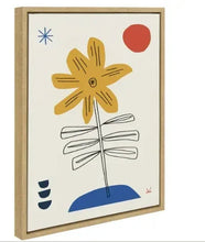 Framed abstract floral canvas featuring yellow flower on blue stem with red circle