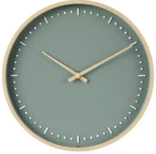 Green round analog wall clock with beige wood-look frame and dot minute markers