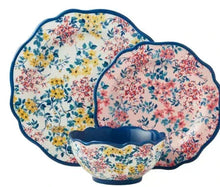 Floral stoneware bowl with blue scalloped edge and bouquet pattern, set of three