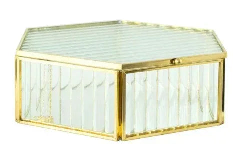 Hexagon Ribbed Clear Glass and Brass Hinged Top Jewelry Box
