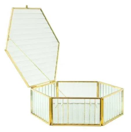 Hexagon Ribbed Clear Glass and Brass Hinged Top Jewelry Box
