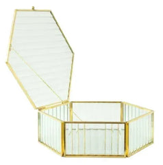 Hexagon Ribbed Clear Glass and Brass Hinged Top Jewelry Box
