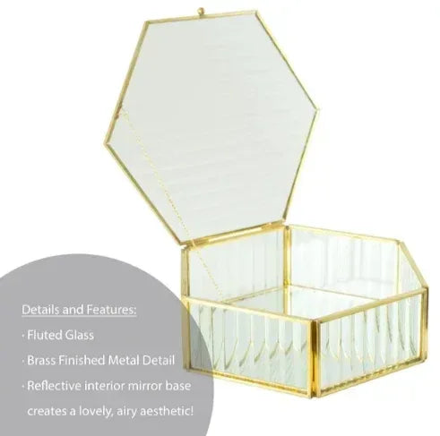 Hexagon Ribbed Clear Glass and Brass Hinged Top Jewelry Box