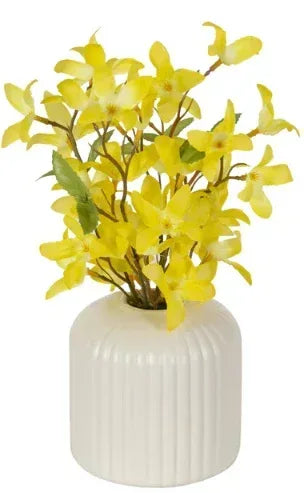 Better Homes & Gardens 10" Artificial Flower Yellow Forsythia in Ribbed off-White Ceramic Vase