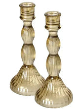 Glass candle stick holders set of 2, amber-gold ribbed columns with flared base