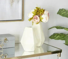 Cream geometric metal vase set of 2 with faceted teardrop bodies