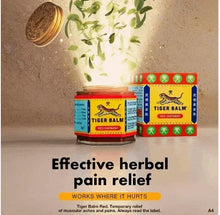 Herbal pain relief balm jars on display, with labels and red lid