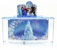 Front view blue betta aquarium with snowflake graphics and castle scene inside