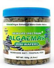 AlgaeMax mini algae wafers fish food jar with blue lid and green label