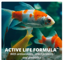 Goldfish swimming with fish food label text: Active Life Formula
