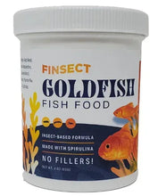 Goldfish fish food jar with FINSECT label, insect-based formula and spirulina.