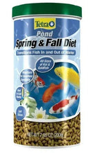 Pond fish food jar with green lid and blue label; floating pellets for goldfish and koi