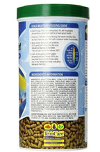 Pond fish food jar with green cap and blue ingredient panel; pellets at bottom