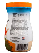 Goldfish flakes container by Aqueon, orange cap, view of back label text