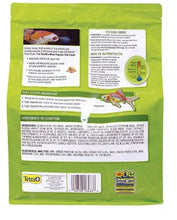 Green pond fish food bag with feeding guide and ingredient panel