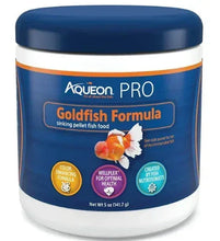 Pellet fish food jar with Aqueon PRO Goldfish Formula label, blue and white