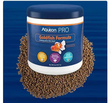 Aqueon PRO Goldfish Formula pellet fish food jar with brown pellets beside it