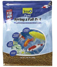Tetra Pond Spring & Fall Diet fish food bag with fish illustration and pellet fill