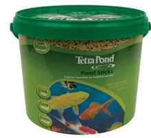 Pond fish food sticks in green bucket with fish illustration
