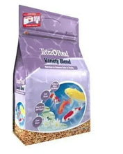 Purple pond fish food bag with TetraPond variety blend label and goldfish/koi image