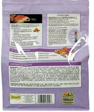 Purple pond fish food bag back with feeding guide, ingredients panel, and barcode
