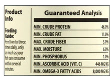 Fish food guaranteed analysis nutrition label showing protein, fat, fiber, moisture