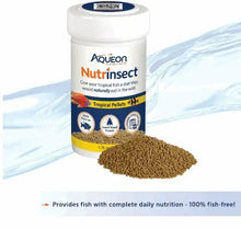 Aqueon Nutrinsect tropical fish-free pellets, loose pellets beside 1.76 oz container