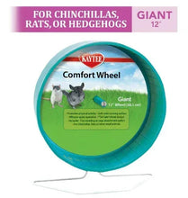 Giant blue plastic exercise wheel with Kaytee Comfort Wheel label and white metal stand