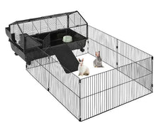 Black rolling small animal cage with wire playpen and ramp platform