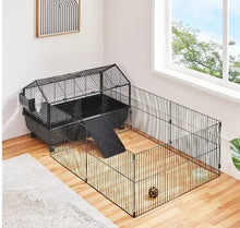 Black wire small animal cage with playpen base and attached ramp section