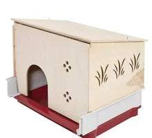 Rabbit hutch extension with arched entry, vent holes, beige panel, red base