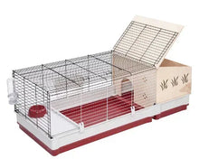 Rabbit hutch extension with wire top, beige side panels, and red base tray