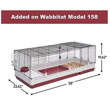 Wire rabbit cage extension with gray metal bars and white frame, red base tray