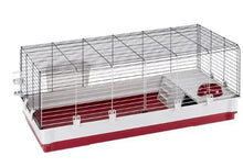 Extra-large rabbit cage with burgundy base and cream lower tray, wire top and ramp