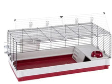 Extra-large rabbit cage with burgundy base, cream side panels, wire walls, red water bowl