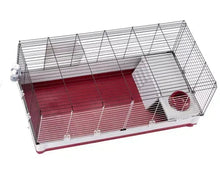 Extra-large rabbit cage with burgundy base, cream tray, wire sides, red dish and ramp