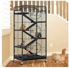 Metal wire pet cage with mobile stand, front view with small pets inside