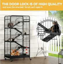 Metal wire pet cage with mobile stand and black door latch/lock detail