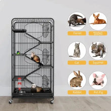 Metal wire pet cage with mobile stand, small-pet size shown with compatibility icons