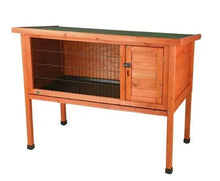 Wooden elevated small animal hutch with front door and wire panel, brown