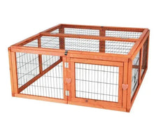 Outdoor animal cage and run extension with hinged roof, brown wood frame and wire mesh